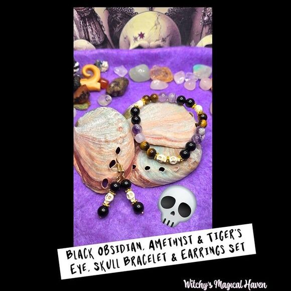 Black Obsidian, Amethyst, Tiger's Eye Skull Protection Bracelet Earrings Set - Picture 1 of 3